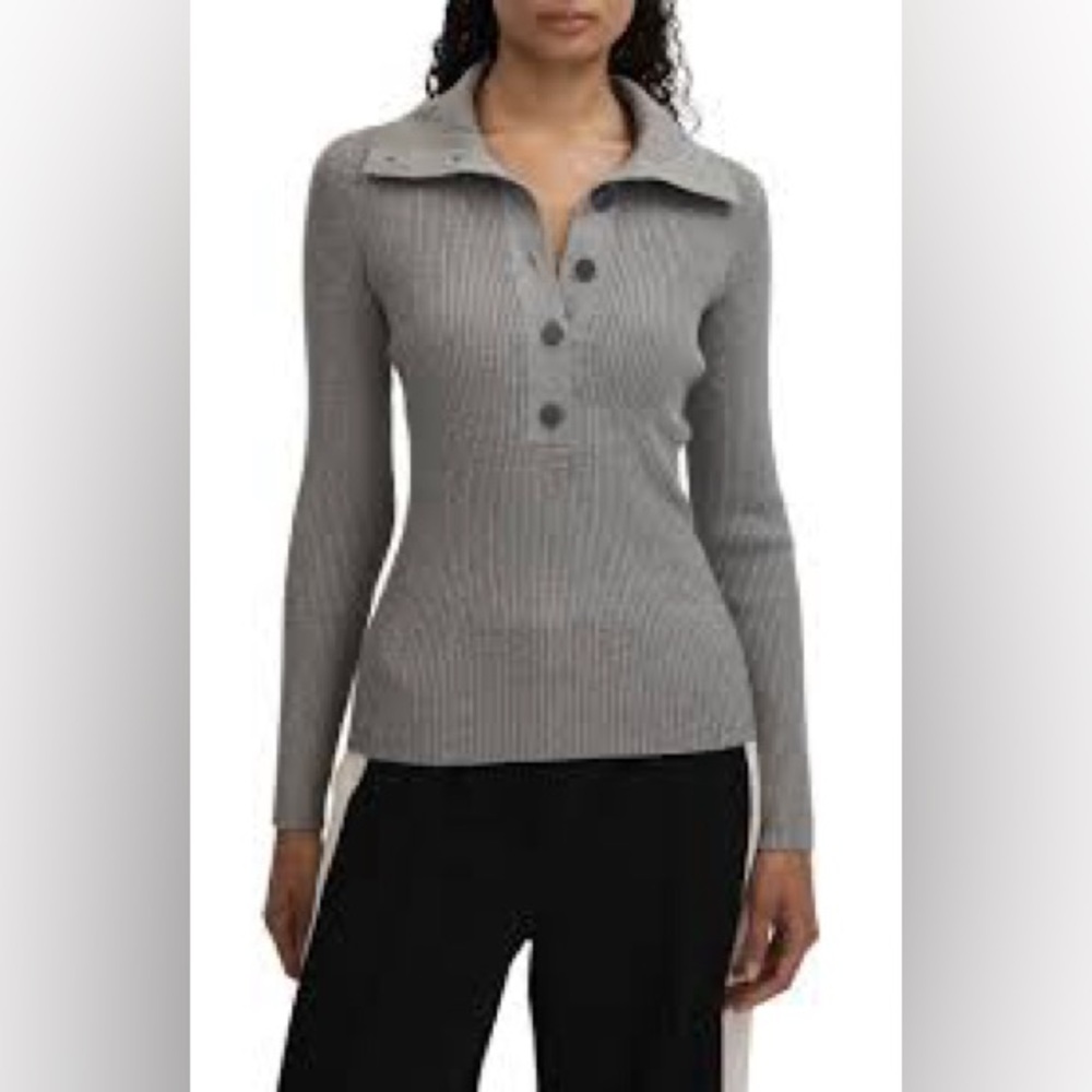 Reiss Grey Ribbed Knit Polo Top Button Front Long Sleeve Size S - Picture 3 of 11
